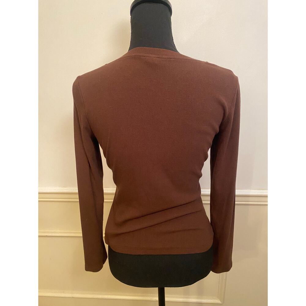 Beaully Y2K Brown Long Sleeve Henley Ribbed Tee with Grommet Placket - Picture 2 of 5